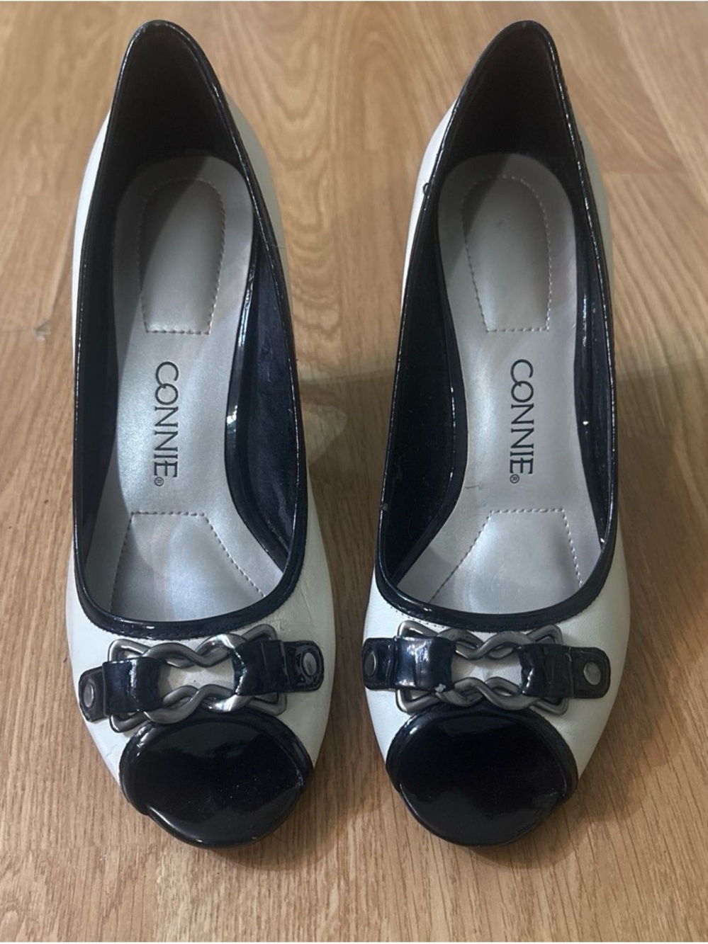 Connie Black and White Peep-Toe Dress Pumps with Buckle Accent